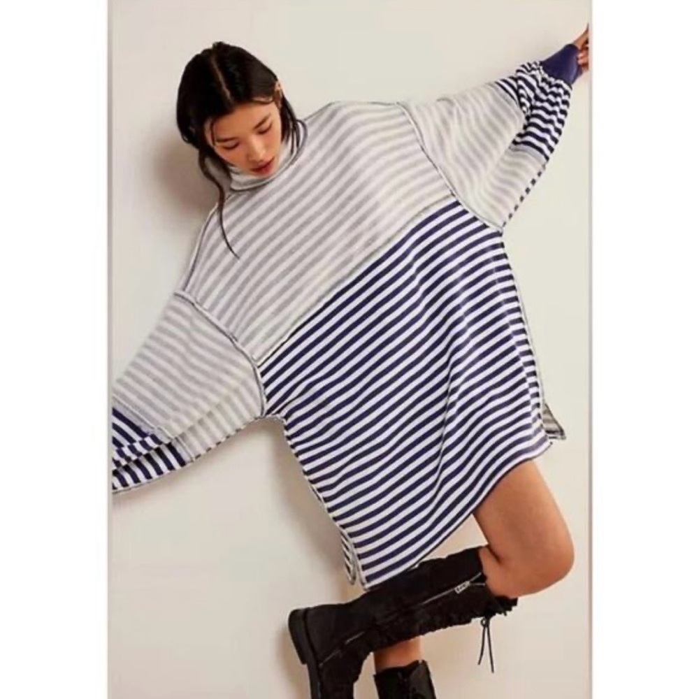 Free People We The Free Coastal Turtleneck Sweatshirt Tunic Dress Medium Striped